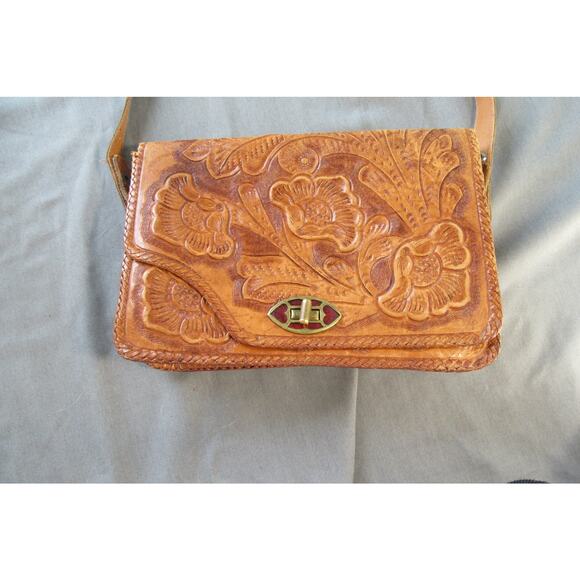 Vintage Hand Tooled Mexican Leather Handbag Purse Gem Heart - Picture 1 of 14